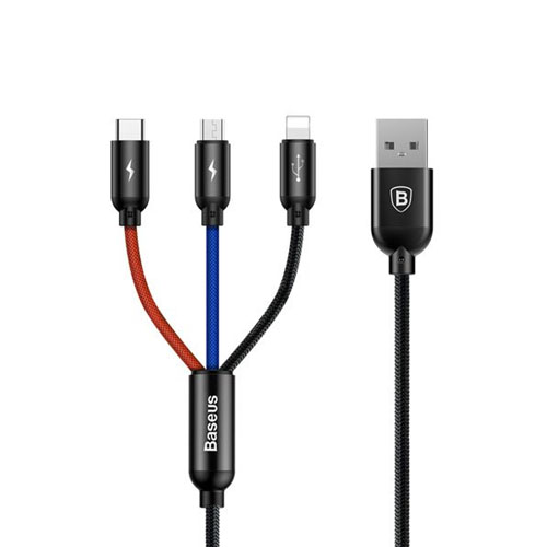 Baseus CAMLT-BSY01 Three Primary Colors 3-in-1 Cable USB For M+L+T 3.5A 1.2M Black